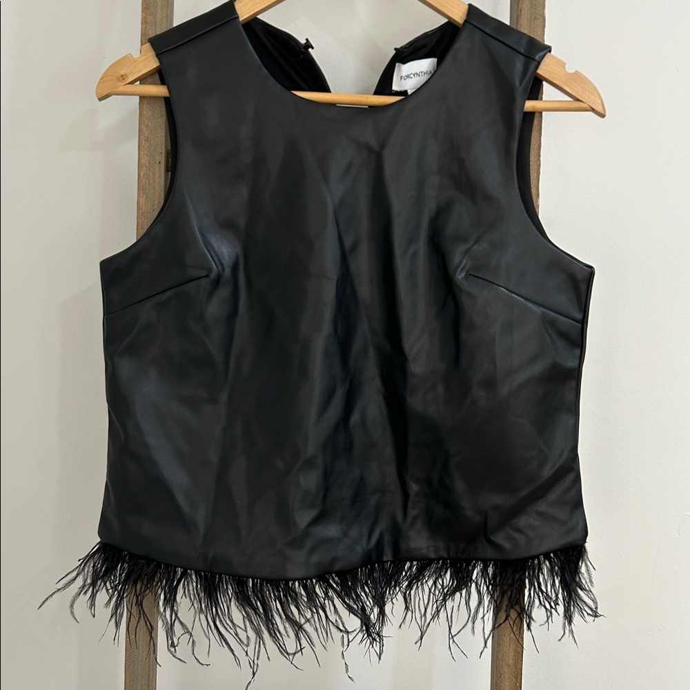 For Cynthia Black Faux Leather Sleeveless Top Feather Detail Women’s Size XS New